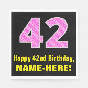 42nd Birthday: Pink Stripes and Hearts "42" + Name Napkin