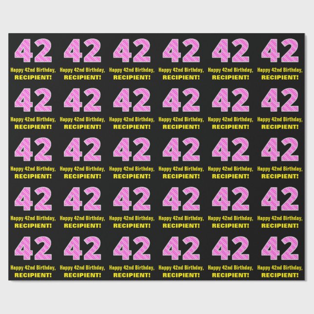 42nd Birthday: Pink Stripes and Hearts "42" + Name Wrapping Paper (Flat)