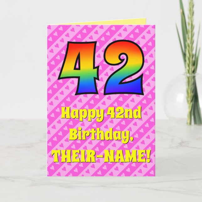 42nd Birthday: Pink Stripes & Hearts, Rainbow # 42 Card (Front)