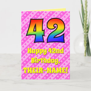 42nd Birthday: Pink Stripes & Hearts, Rainbow # 42 Card