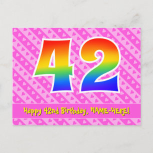42nd Birthday: Pink Stripes & Hearts, Rainbow 42 Postcard