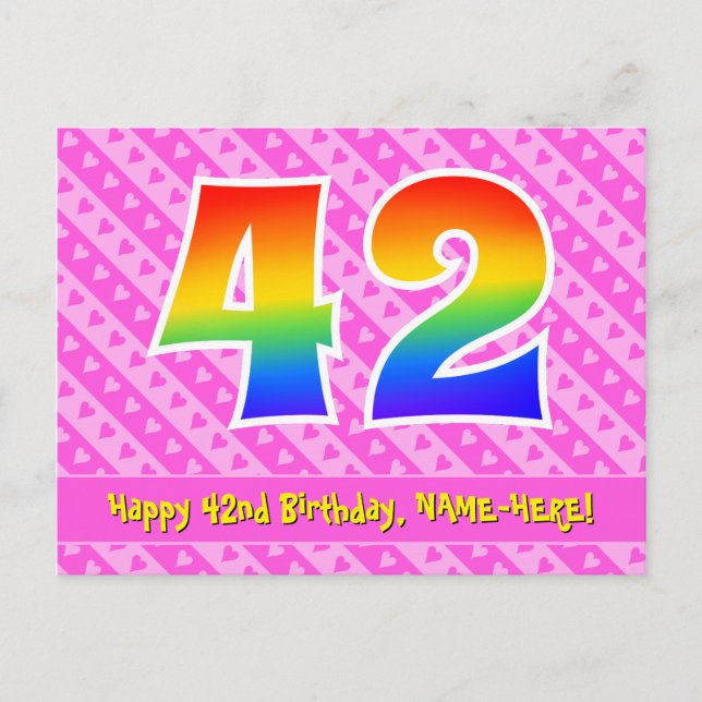 42nd Birthday: Pink Stripes & Hearts, Rainbow 42 Postcard (Front)