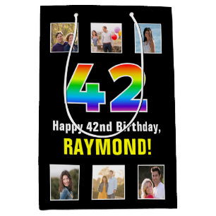 42nd Birthday: Rainbow “42“, Custom Photos & Name Medium Gift Bag
