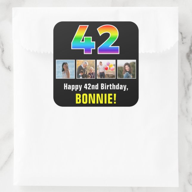42nd Birthday: Rainbow “42”; Custom Photos & Name Square Sticker (Bag)