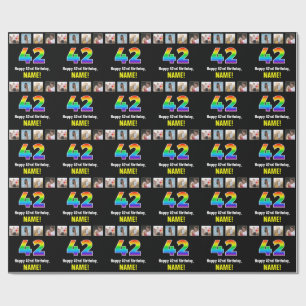 42nd Birthday: Rainbow “42“; Custom Photos & Name Wrapping Paper