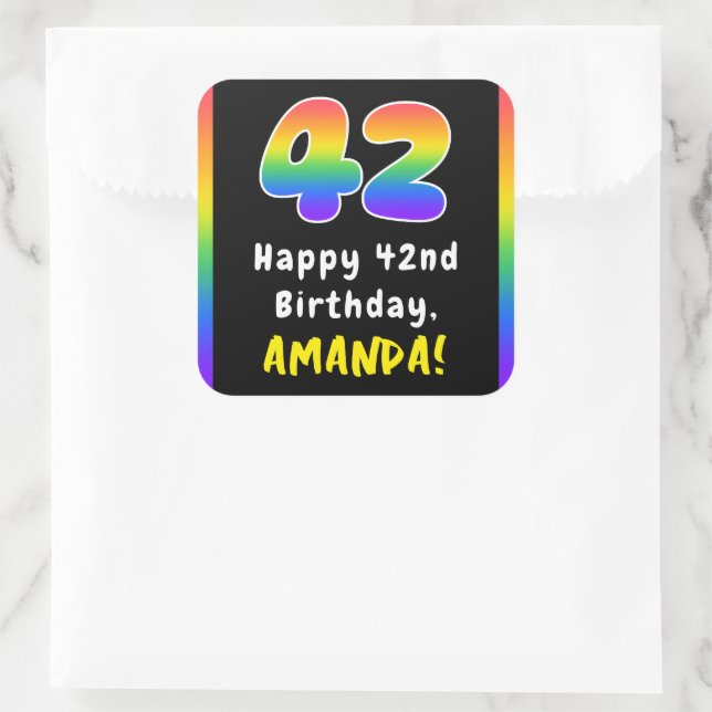 42nd Birthday: Rainbow Spectrum # 42, Custom Name Square Sticker (Bag)