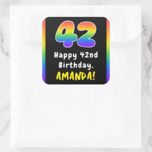 42nd Birthday: Rainbow Spectrum # 42, Custom Name Square Sticker