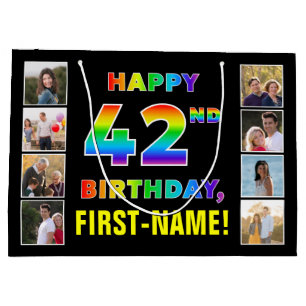 42nd Birthday: Rainbow Text, Custom Photos & Name Large Gift Bag