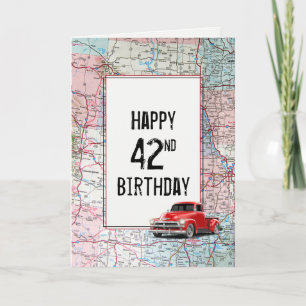 42nd Birthday Red Retro Truck on Map     Card