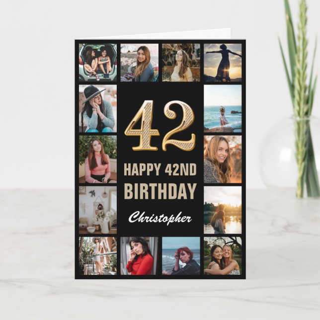 42nd Happy Birthday Black and Gold Photo Collage Card (Front)