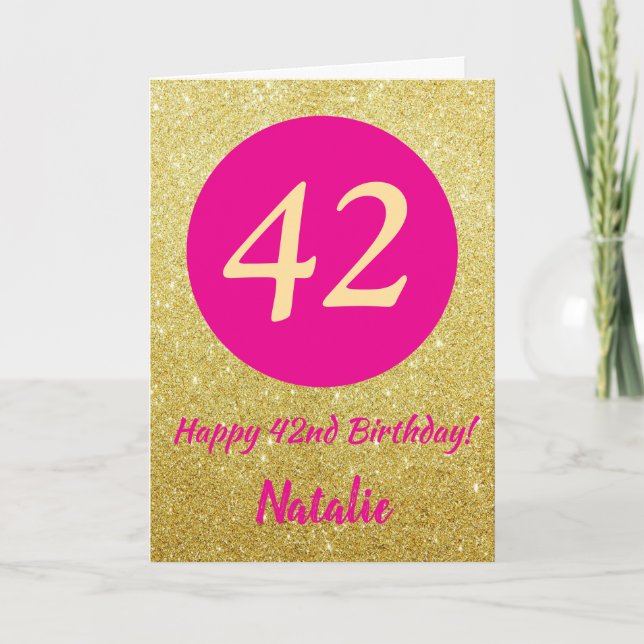 42nd Happy Birthday Hot Pink and Gold Glitter Card (Front)