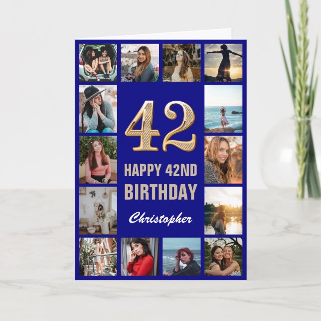 42nd Happy Birthday Navy Blue & Gold Photo Collage Card (Front)