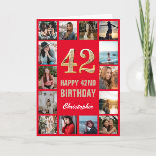 42nd Happy Birthday Red and Gold Photo Collage Card