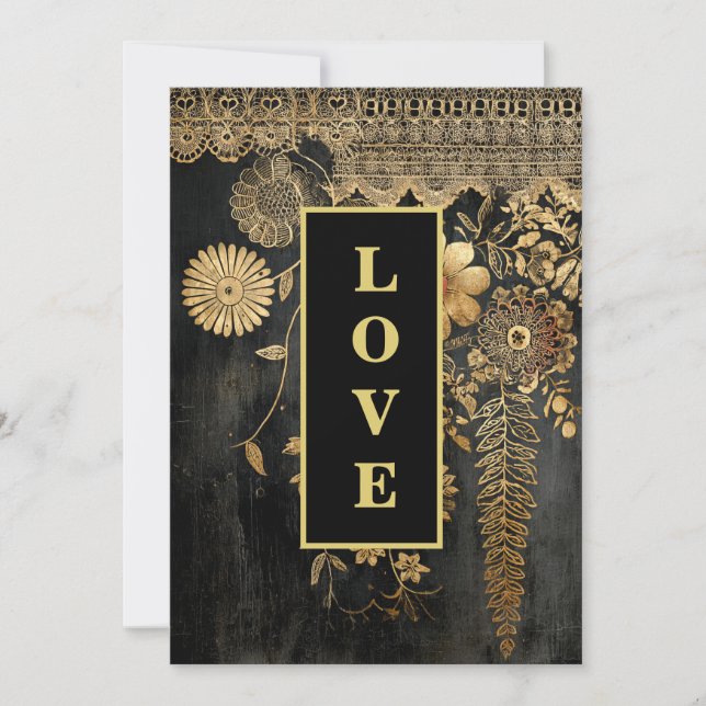 *~ 43 QR RSVP AR26 Gold Lace LOVE Luxury Wedding  Invitation (Front)