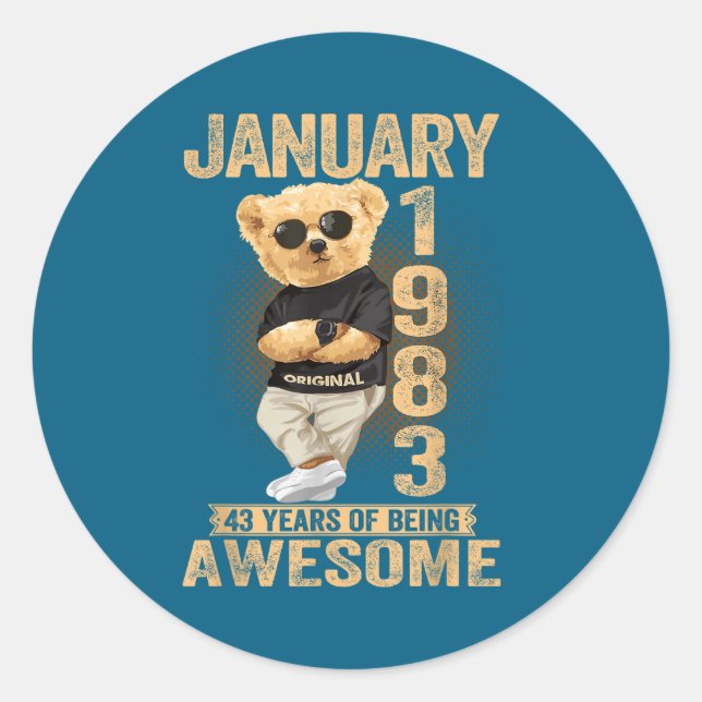 43 Year Old January 1983 Teddy Bear 43rd Birthday  Classic Round Sticker (Front)