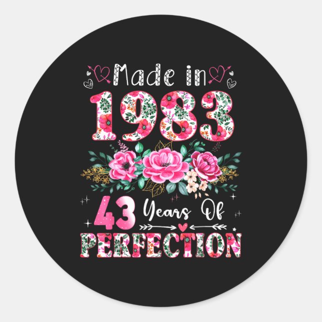 43 Year Old Made In 1983 Floral 43th Birthday Wome Classic Round Sticker (Front)