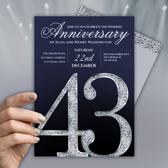 43rd Anniversary Diamond Silver Navy Blue Invitation (Creator Uploaded)