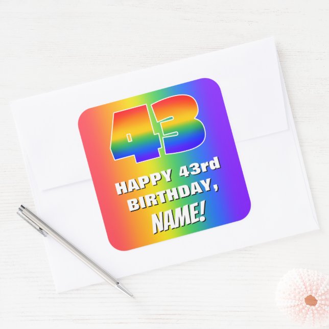 43rd Birthday: Colourful, Fun Rainbow Pattern # 43 Square Sticker (Envelope)