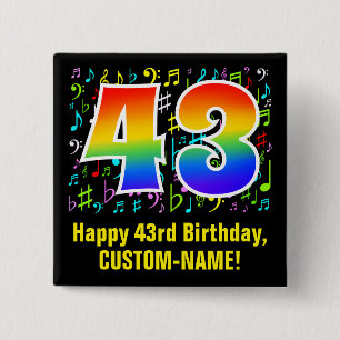 43rd Birthday: Colourful Music Symbols, Rainbow 43 15 Cm Square Badge