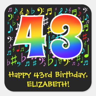 43rd Birthday: Colourful Music Symbols, Rainbow 43 Square Sticker