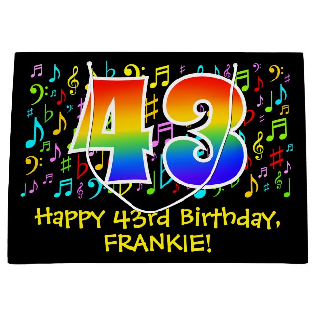 43rd Birthday - Colourful Music Symbols, Rainbow 4 Large Gift Bag (Front)