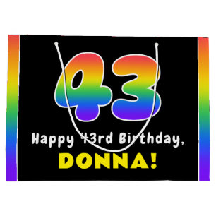 43rd Birthday: Colourful Rainbow # 43, Custom Name Large Gift Bag