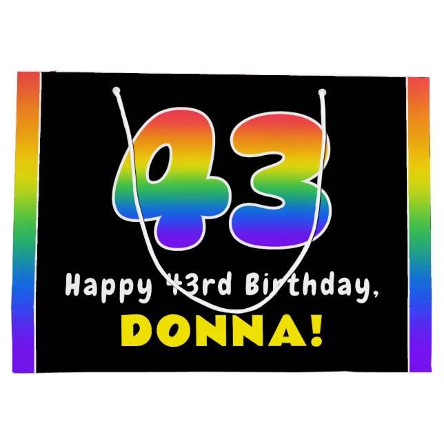 43rd Birthday: Colourful Rainbow # 43, Custom Name Large Gift Bag (Back)
