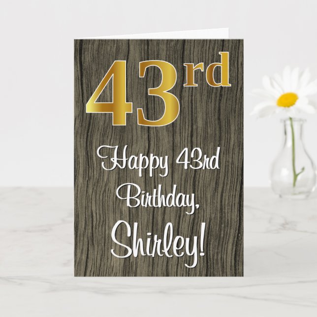 43rd Birthday: Elegant Faux Gold Look #, Faux Wood Card (Small Plant)