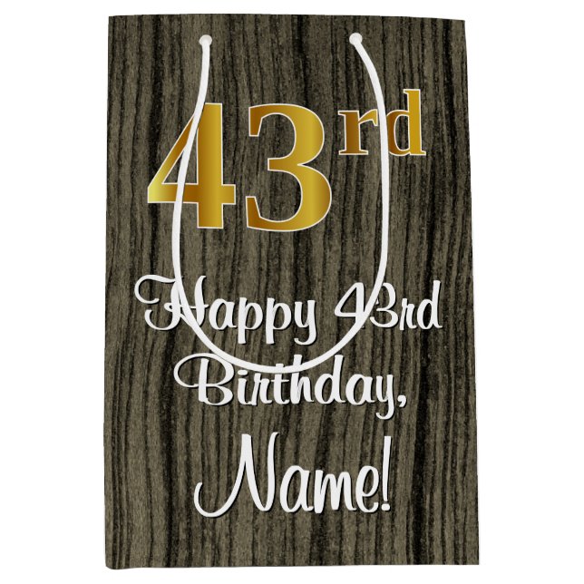43rd Birthday: Elegant Faux Gold Look #, Faux Wood Medium Gift Bag (Front)