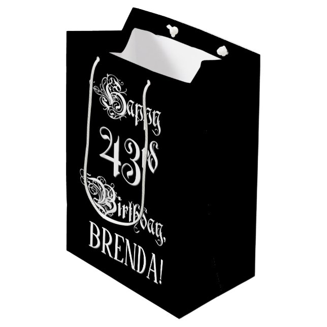 43rd Birthday: Fancy, Elegant Script + Custom Name Medium Gift Bag (Front Angled)