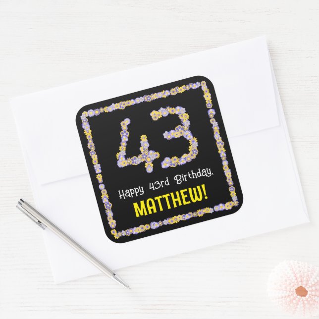43rd Birthday: Floral Flowers Number, Custom Name Square Sticker (Envelope)