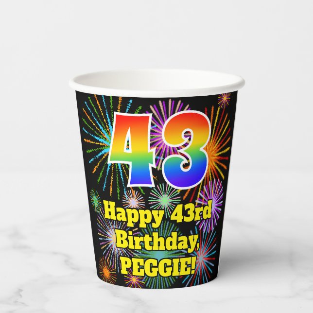 43rd Birthday: Fun Fireworks Pattern + Rainbow 43 Paper Cups (Back)