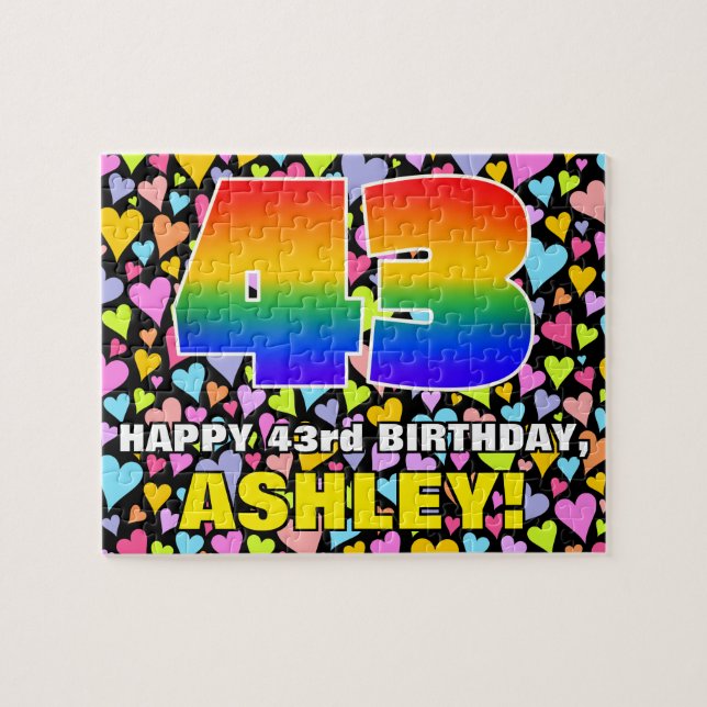 43rd Birthday — Fun, Loving Heart Shapes + “43” Jigsaw Puzzle (Horizontal)