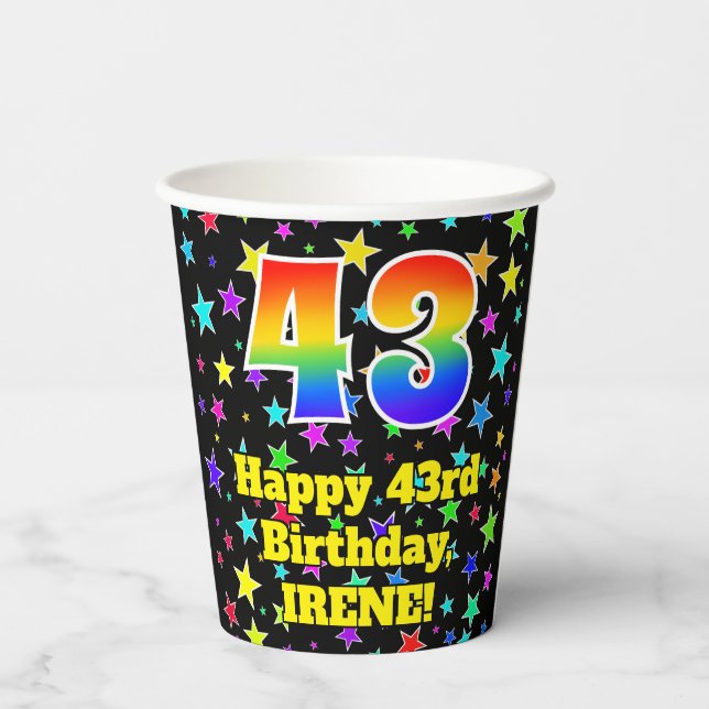 43rd Birthday: Fun Stars Pattern and Rainbow 43 Paper Cups (Back)