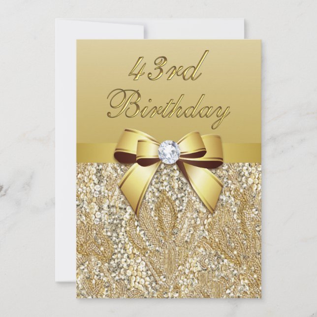 43rd Birthday Gold Faux Sequins and Bow Invitation (Front)