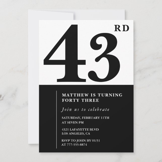 43rd birthday invitations Black and White Elegant (Front)