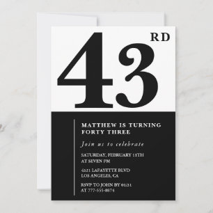 43rd birthday invitations Black and White Elegant