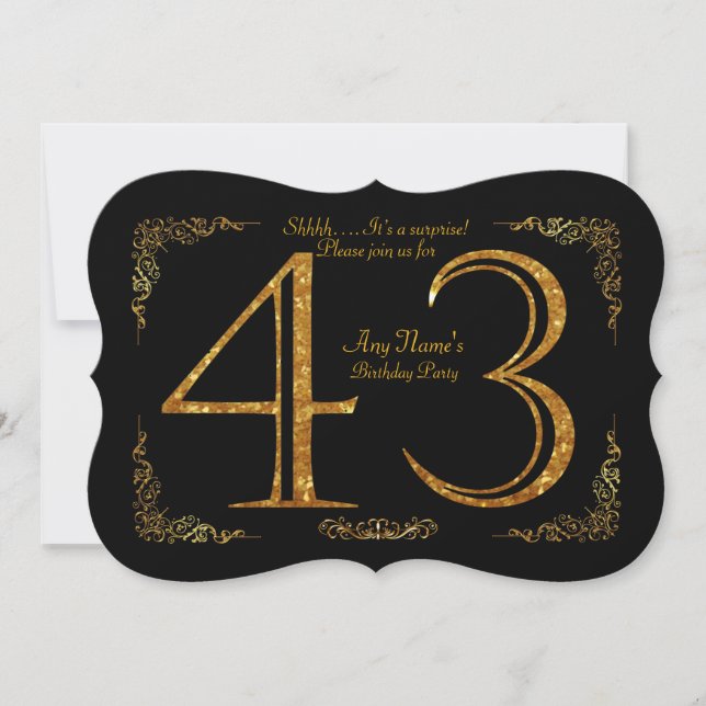 43rd,Birthday party 43rd,great Gatsby,black & gold Invitation (Front)