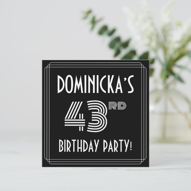 43rd Birthday Party: Art Deco Style w/ Custom Name Invitation (Standing Front)