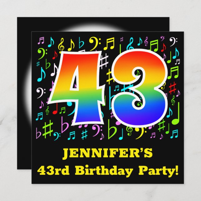 43rd Birthday Party: Fun Music Symbols, Rainbow 43 Invitation (Front/Back)