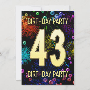 43rd Birthday Party Invitation Fireworks Bubbles