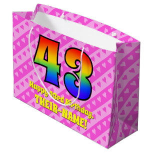 43rd Birthday: Pink Stripes & Hearts, Rainbow # 43 Large Gift Bag