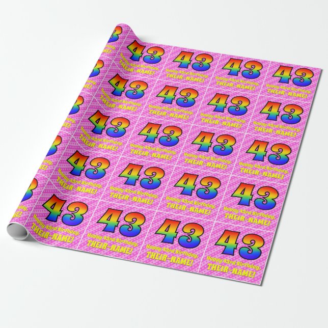 43rd Birthday: Pink Stripes & Hearts, Rainbow # 43 Wrapping Paper (Unrolled)