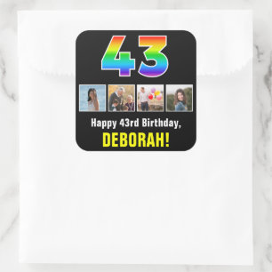 43rd Birthday: Rainbow “43”; Custom Photos & Name Square Sticker