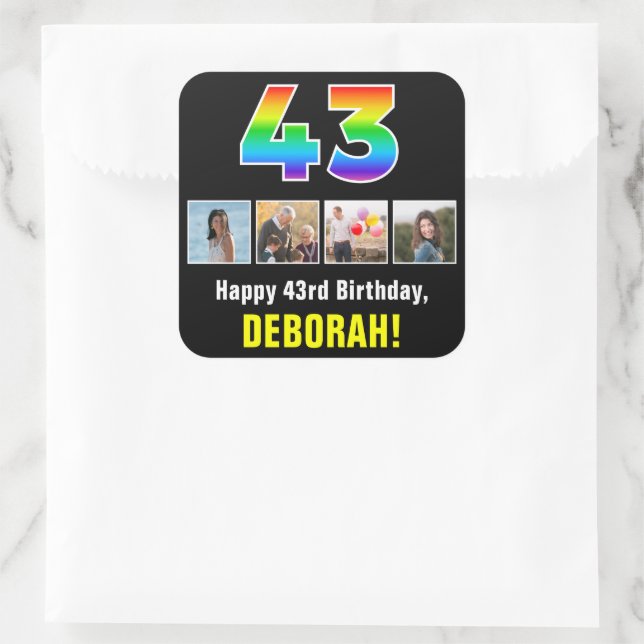 43rd Birthday: Rainbow “43”; Custom Photos & Name Square Sticker (Bag)