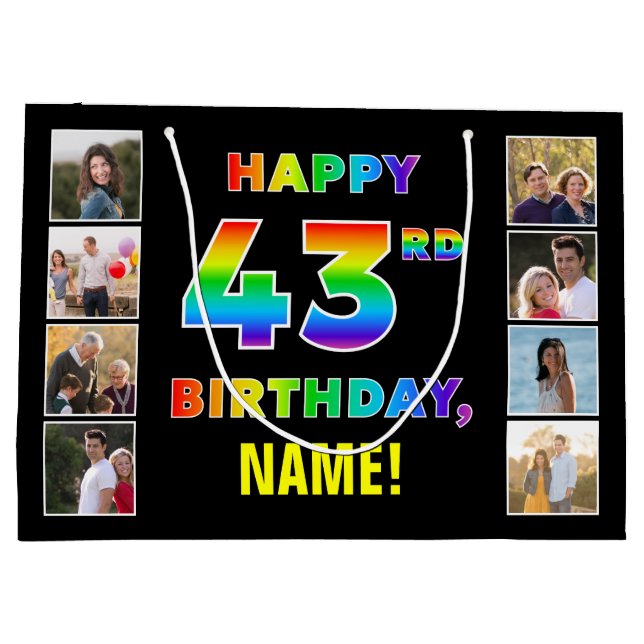 43rd Birthday: Rainbow Text, Custom Photos & Name Large Gift Bag (Back)