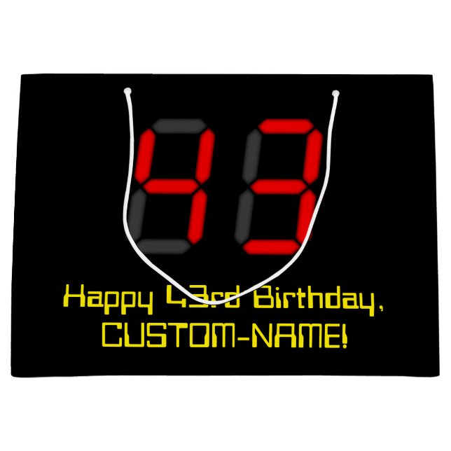 43rd Birthday: Red Digital Clock Style "43" + Name Large Gift Bag (Front)