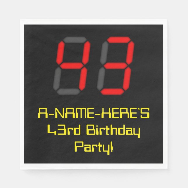43rd Birthday: Red Digital Clock Style "43" + Name Napkin (Front)