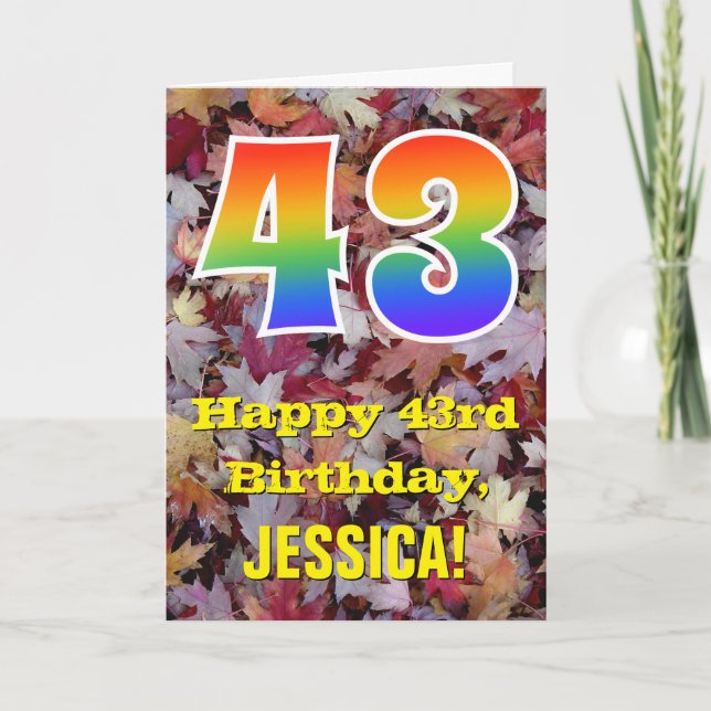43rd Birthday; Rustic Autumn Leaves; Rainbow "43" Card (Front)