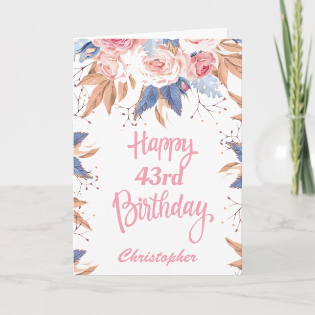 43rd Birthday Watercolor Botanical Pink Floral Card (Front)